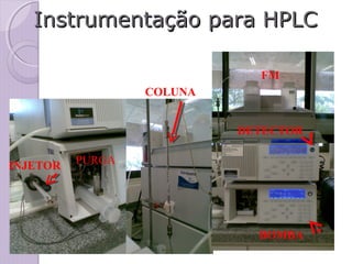 Instrumentação para HPLCInstrumentação para HPLC
PURGAINJETOR
COLUNA
FM
BOMBA
DETECTOR
 
