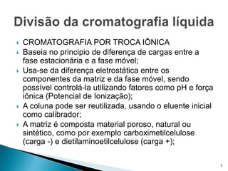 CROMATOGRAFIA POR TROCA IÔNICA
 Baseia no principio de diferença de cargas entre a
fase estacionária e a fase móvel;
 Usa-se da diferença eletrostática entre os
componentes da matriz e da fase móvel, sendo
possível controlá-la utilizando fatores como pH e força
iônica (Potencial de Ionização);
 A coluna pode ser reutilizada, usando o eluente inicial
como calibrador;
 A matriz é composta material poroso, natural ou
sintético, como por exemplo carboximetilcelulose
(carga -) e dietilaminoetilcelulose (carga +);
5
 