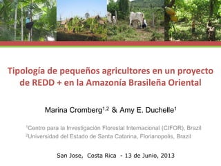 Tipología de pequeños agricultores en un proyecto
de REDD + en la Amazonía Brasileña Oriental
1Centro para la Investigación Florestal Internacional (CIFOR), Brazil
2Universidad del Estado de Santa Catarina, Florianopolis, Brazil
San Jose, Costa Rica - 13 de Junio, 2013
Marina Cromberg1,2 & Amy E. Duchelle1
 