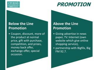 PROMOTION
Below the Line
Promotion
• Coupon, discount, more of
the product at normal
price, gift with purchase,
competition, and prizes,
money back offer,
exchange offer, special
occasion.
Above the Line
Promotion
• Giving advertise in news
paper, TV. Internet (own
website which give online
shopping service),
• partnership with Bigfilx, Big
FM 92.7.
 