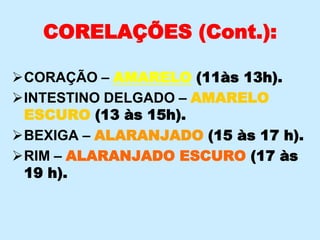CORELAÇÕES (Cont.):
CORAÇÃO – AMARELO (11às 13h).
INTESTINO DELGADO – AMARELO
ESCURO (13 às 15h).
BEXIGA – ALARANJADO (15 às 17 h).
RIM – ALARANJADO ESCURO (17 às
19 h).
 