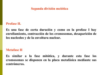 Segunda división meiótica
Profase II.
Es una fase de corta duración y como en la profase I hay
enrollamiento, contracción de los cromosomas, desaparición de
los nucleolos y de la envoltura nuclear.
Metafase II
Es similar a la fase mitótica, y durante esta fase los
cromosomas se disponen en la placa metafásica mediante sus
centrómeros.
 