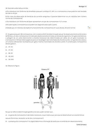 Biologia 12
Carla Carrasco
10
30. Assinale a alternativa correta.
a) Os indivíduos com Síndrome de Klinefelter possuem cariótipo 47, XXY, e o cromossoma a mais pode ter sido herdado
da mãe ou do pai.
b) Por meio da observação de hemácias da corrente sanguínea, é possível determinar se um indivíduo tem número
normal de cromossomas.
c) Os indivíduos com Síndrome de Down apresentam um par de cromossomas nº 21 a mais.
d) As aberrações cromossómicas só podem ser diagnosticadas após o parto.
e) Desde que um indivíduo da espécie humana tenha 46 cromossomas em suas células, ele será normal.
31. Os gatos possuem 38 cromossomas, com o sistema XX/XY de determinação sexual. No desenvolvimento embrionário
de fêmeas, um dos cromossomas X é inativado aleatoriamente em todas as células do organismo. Em gatos domésticos,
a pelagem de cor preta (dominante) e amarela (recessiva) são determinadas por alelos de um gene localizado no
cromossomo X. Fêmeas heterozigóticas para cor da pelagem são manchadas de amarelo e preto. Um geneticista colocou
um anúncio oferecendo recompensa por gatos machos manchados de amarelo e preto. A constituição cromossómica
desses gatos é …
a) … 37, Y0.
b) … 37, X0.
c) … 38, XX.
d) … 39, XXY.
e) … 39, XXX.
32. Observe a figura.
No que se refere à determinação genética do sexo, pode-se dizer que …
a) … os genes do cromossoma X são todos recessivos, o que implica que, para que se desenvolvam as características
sexuais femininas, necessite-se de dois cromossomas X.
b) … a presença do cromossoma Y no zigoto determina a formação de testículos no embrião em desenvolvimento.
 