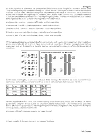 Biologia 12
Carla Carrasco
5
16. Numa população de borboletas, um geneticista encontrou indivíduos de asas pretas e indivíduos de asas cinza.
Cruzou machos pretos puros com fêmeas cinza puras. Obteve machos e fêmeas pretas em F1. Cruzou os descendentes
F1 entre si e obteve, em F2, 100% de machos pretos, 50% de fêmeas pretas e 50% de fêmeas cinza. Em cruzamentos de
machos cinza puros com fêmeas pretas puras, ele obteve, em F1, machos pretos e fêmeas cinza. Cruzando estes F1 entre
si, obteve machos e fêmeas pretos e cinza na mesma proporção. Aponte, a partir dos resultados obtidos, qual o padrão
de herança de cor das asas e qual o sexo heterogamético nessas borboletas.
a) Autossómica, a cor preta é recessiva e a fêmea é o sexo heterogamético.
b) Autossómica, a cor preta é recessiva e o macho é o sexo heterogamético.
c) Restrita ao sexo, a cor cinza é recessiva e o macho é o sexo heterogamético.
d) Ligada ao sexo, a cor preta é dominante e o macho é o sexo heterogamético.
e) Ligada ao sexo, a cor preta é dominante e a fêmea é o sexo heterogamético.
17. Numa população de organismos diplóides, foram encontrados quatro alelos diferentes para um determinado locus
génico, denominados S1, S2, S3 e S4. A figura abaixo mostra, à esquerda, as diferenças na sequência de DNA que
caracterizam cada um desses alelos e, à direita, o par de cromossomos homólogos (metafásicos) onde esse gene é
encontrado.
Diante dessas informações, se um único indivíduo desta população for escolhido ao acaso, qual combinação
alelo/posição cromossômica poderia ser encontrada no par de cromossomas metafásicos deste indivíduo?
18. Um funcionário trabalhou vários anos numa indústria química. Durante esse período, teve dois filhos: um menino
que apresenta uma grave doença causada por um gene situado no cromossomo X e uma menina que não apresenta a
doença. O funcionário quis processar a indústria por responsabilidades na doença de seu filho, mas o médico da empresa
afirmou que a acusação não era pertinente.
a) Por que o médico afirmou que a acusação não era pertinente?
b) O alelo causador da doença é dominante ou recessivo? Justifique.
 