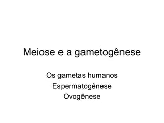 Meiose e a gametogênese
Os gametas humanos
Espermatogênese
Ovogênese
 