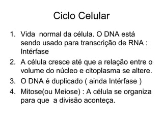 Ciclo Celular
1. Vida normal da célula. O DNA está
sendo usado para transcrição de RNA :
Intérfase
2. A célula cresce até que a relação entre o
volume do núcleo e citoplasma se altere.
3. O DNA é duplicado ( ainda Intérfase )
4. Mitose(ou Meiose) : A célula se organiza
para que a divisão aconteça.
 