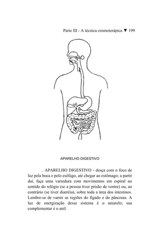 Parte III - A técnica cromoterápica ▼ 199




                    APARELHO DIGESTIVO


         . APARELHO DIGESTIVO - desça com o foco de
luz pela boca e pelo esôfago, até chegar ao estômago; a partir
daí, faça uma varredura com movimentos em espiral no
sentido do relógio (se a pessoa tiver prisão de ventre) ou, ao
contrário (se tiver diarréia), sobre toda a área dos intestinos.
Lembre-se de varrer as regiões do fígado e do pâncreas. A
luz de energização desse sistema é o amarelo; sua
complementar é o anil.
 
