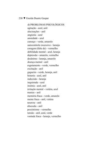 230 ▼ Eneida Duarte Gaspar

       d) PROBLEMAS PSICOLÓGICOS
       agitação - azul, anil
       alucinações - anil
       angústia - azul
       ansiedade - azul
       cansaço - verde, amarelo
       autocontrole excessivo - laranja
       coragem (falta de) - vermelho
       debilidade mental - azul, laranja
       depressão - amarelo, vermelho
       desânimo - laranja, amarelo
       doença mental - anil
       esgotamento - verde, vermelho
       excitação - anil
       gagueira - verde, laranja, anil
       histeria - azul, anil
       indecisão - laranja
       inquietude - azul
       insônia - azul, anil
       irritação mental - violeta, azul
       manias - anil
       memória fraca - verde, amarelo
       mente fraca - anil, violeta
       neurose - anil
       obsessão - anil
       pessimismo - vermelho
       tensão - anil, azul, verde
       vontade fraca - laranja, vermelho
 