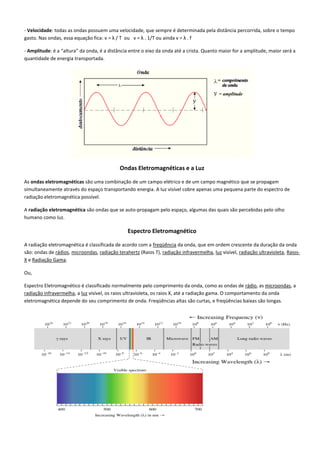 - Velocidade: todas as ondas possuem uma velocidade, que sempre é determinada pela distância percorrida, sobre o tempo
gasto. Nas ondas, essa equação fica: v = λ / T ou v = λ . 1/T ou ainda v = λ . f
- Amplitude: é a “altura” da onda, é a distância entre o eixo da onda até a crista. Quanto maior for a amplitude, maior será a
quantidade de energia transportada.
Ondas Eletromagnéticas e a Luz
As ondas eletromagnéticas são uma combinação de um campo elétrico e de um campo magnético que se propagam
simultaneamente através do espaço transportando energia. A luz visível cobre apenas uma pequena parte do espectro de
radiação eletromagnética possível.
A radiação eletromagnética são ondas que se auto-propagam pelo espaço, algumas das quais são percebidas pelo olho
humano como luz.
Espectro Eletromagnético
A radiação eletromagnética é classificada de acordo com a freqüência da onda, que em ordem crescente da duração da onda
são: ondas de rádios, microondas, radiação terahertz (Raios T), radiação infravermelha, luz visível, radiação ultravioleta, Raios-
X e Radiação Gama.
Ou,
Espectro Eletromagnético é classificado normalmente pelo comprimento da onda, como as ondas de rádio, as microondas, a
radiação infravermelha, a luz visível, os raios ultravioleta, os raios X, até a radiação gama. O comportamento da onda
eletromagnética depende do seu comprimento de onda. Freqüências altas são curtas, e freqüências baixas são longas.
 
