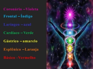 Coronário –Violeta
Frontal – Índigo
Laríngeo – azul
Cardíaco – Verde
Gástrico – amarelo
Esplênico –Laranja
Básico -Vermelho
 