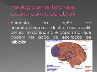  Aumento da ação de
neurotransmissores, dentre eles, acetil-
colina, noradrenalina e dopamina, que
podem ter ação de excitação ou
inibição
 