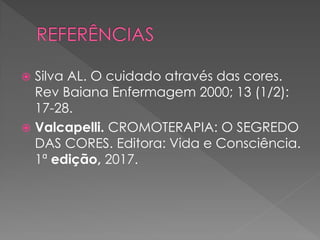  Silva AL. O cuidado através das cores.
Rev Baiana Enfermagem 2000; 13 (1/2):
17-28.
 Valcapelli. CROMOTERAPIA: O SEGREDO
DAS CORES. Editora: Vida e Consciência.
1ª edição, 2017.
 