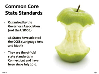 Common Core
State Standards
- Organized by the
Governors Association
(not the USDOE)
- 46 States have adopted
the CCSS (Language Arts
and Math)
- They are the official
state standards in
Connecticut and have
been since July 2010.
© JPC Sr.

2012

 