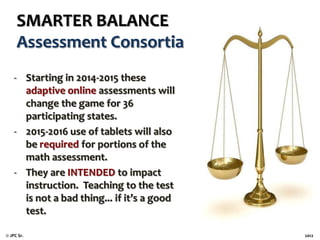 SMARTER BALANCE
Assessment Consortia
- Starting in 2014-2015 these
adaptive online assessments will
change the game for 36
participating states.
- 2015-2016 use of tablets will also
be required for portions of the
math assessment.
- They are INTENDED to impact
instruction. Teaching to the test
is not a bad thing... if it’s a good
test.
© JPC Sr.

2012

 