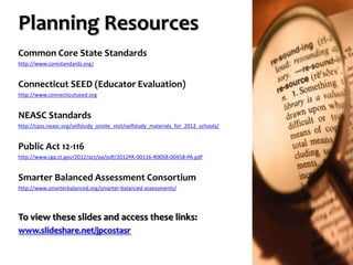 Planning Resources
Common Core State Standards
http://www.corestandards.org/

Connecticut SEED (Educator Evaluation)
http://www.connecticutseed.org

NEASC Standards
http://cpss.neasc.org/selfstudy_onsite_visit/selfstudy_materials_for_2012_schools/

Public Act 12-116
http://www.cga.ct.gov/2012/act/pa/pdf/2012PA-00116-R00SB-00458-PA.pdf

Smarter Balanced Assessment Consortium
http://www.smarterbalanced.org/smarter-balanced-assessments/

To view these slides and access these links:
www.slideshare.net/jpcostasr

 