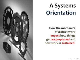 A Systems
Orientation
How the mechanics
of district work
impact how things
get accomplished and
how work is sustained.

© Corwin Press - 2011

 