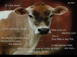 E o boi disse: –   O frio da Noite Santa  era tão álgido, que entrei na Manjedoura para  me aquecer.  Aqueci-o com o que eu tinha de meu: meu pobre alento! Mas vi lá um  Menino com frio e  Sua Mãe e seu Pai,  e não pensei mais  em mim... 