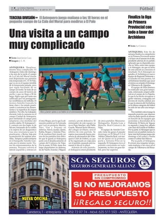 56      La Crónica Deportiva
  Del sábado 26 de marzo al viernes 1 de abril de 2011                                                                                                     Fútbol

TERCERA DIVISIÓN El Antequera juega mañana a las 18 horas en el                                                                             Finaliza la liga
pequeño campo de La Cala del Moral para medirse a El Palo                                                                                   de Primera
                                                                                                                                            Provincial con

Una visita a un campo                                                                                                                       todo a favor del
                                                                                                                                            Archidona

muy complicado                                                                                                                                Texto: La Crónica

                                                                                                                                            ANTEQUERA. Este fin de
                                                                                                                                            semana finaliza la competición
                                                                                                                                            en la Primera Provincial senior
  Texto: José Javier Lara                                                                                                                   y lo hace con el ascenso en el aire,
  Imagen: J. L. H.                                                                                                                          pendiente además de un partido
                                                                                                                                            aplazado que se disputaba ano-
                                                                                                                                            che en Teba, entre este equipo
ANTEQUERA. Desplaza-                                                                                                                        y el Almargen, sin que al cierre
miento muy complicado. El                                                                                                                   de esta edición se conociese el
Antequera visita este domingo                                                                                                               resultado. Si el Almargen no
a las seis de la tarde el campo                                                                                                             ganaba, el Archidona es nuevo
de La Cala del Moral donde                                                                                                                  equipo de Regional Preferente y
está disputando sus partidos                                                                                                                si sumaba los tres puntos, los
esta temporada el C. D. El Palo,                                                                                                            archidoneses tendrían que sacar
que ya no es el equipo temible                                                                                                              al menos un empate el domingo
de la temporada pasada, pero                                                                                                                en Villanueva de Algaidas.
que sigue haciendo de su                                                                                                                         El equipo de Elías Jiménez
campo un fortín. Se trata de un                                                                                                             ha realizado una gran tempo-
campo de unos 40 metros de                                                                                                                  rada, estrenando césped artifi-
ancho y que no llega a 90 de                                                                                                                cial en el campo de La Pajarita,
largo, lógico que por tanto sea                                                                                                             lo que le ha hecho recuperar a
calificado por los protagonis-                                                                                                              gente veterana, conjugada con
tas verdiblancos de futbolín. El                                                                                                            jóvenes de mucha calidad, por
técnico Antolín Gonzalo lo                                                                                                                  lo que la estancia del Archidona
tiene claro y ha estado practi-                                                                                                             en la última categoría del fútbol
cando a conciencia las dimen-                                                                                                               ha sido de tan sólo una tempo-
siones y la superficie de césped                                                                                                            rada.
sintético. Por ello, ha trabajado     Álex y Javier optan a un balón en el entrenamiento del jueves.                                             Pero también está en juego la
durante toda la semana en el                                                                                                                segunda posición que algunas
campo Ciudad de Antequera,                                                                                                                  veces ha dado opción al ascenso
pero limitando el campo para                                                                                                                en función de los equipos que
adaptarse a las medidas del          el once Boque, por lo que la ali-   central y pivote defensivo. El    de otros partidos: Maracena-     asciendan y desciendan de la
recinto caleño. El Antequera C.      neación podría ser la formada       entrenador de este equipo ya      Malagueño, Ronda-Loja y          Preferente. El Sierra de Yeguas
F. contará con dos bajas, la de      por Luís en portería; Martín,       no es Pepe Sánchez, sino Pablo    Mancha Real-Comarca de           es segundo y juega hoy sábado
Silvani, lesionado de la rodilla     Álex, Vini y Troyano en             Guede. Manuel Jesús Moreno,       Níjar.                           a las cinco de la tarde en Mollina.
a la espera de un diagnóstico        defensa; Alexis, Juanjo, Quini,     del colegio sevillano, será el       El equipo de Antolín Gon-     Por su parte, el Almargen que es
tras una resonancia que le           Rafita, Boque y Antonio Pino.       árbitro de este partido. Se       zalo viene de ganar el pasado    tercero con un partido menos, lo
practicaron, y Berna, baja por       El de mañana bien puede ser         espera nuevamente buena pre-      domingo en El Maulí 2-0 al       tiene más fácil porque juega este
acumulación de tarjetas ama-         uno de los partidos más difíci-     sencia de aficionados del Ante-   Atlético Mancha Real, con tan-   domingo a las cuatro y media
rillas. Tampoco podrá sentarse       les que le queda al Antequera       quera Club de Fútbol, ya que      tos de Quini en la primera       contra el colista San Marcos.
en el banquillo Antolín Gon-         junto con el desplazamiento al      se ha organizado un viaje para    parte y Antonio Pino en la            Por su parte, el Antequera
zalo por la misma razón. Vis-        campo del Comarca de Níjar.         ver el partido, pasando previa-   segunda. El Antequera tuvo el    B cerrará una irregular tempo-
tos los entrenamientos de la         Por su parte, El Palo, tiene dos    mente el día en la playa.         partido controlado en todo       rada mañana a las cinco en el
semana, Troyano volverá al           bajas importantes en defensa,           Además de este partido,       momento, no hizo un gran fút-    campo de Villanueva del Rosa-
lateral izquierdo y entrará en       las de Nacho Aranda y Miguel,       el Antequera estará pendiente     bol, pero fue superior.          rio.
 
