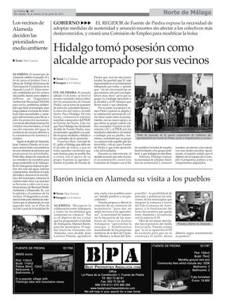 La Crónica    40
 Del sábado 18 al viernes 24 de junio de 2011                                                                                             Norte de Málaga
Los vecinos de                         GOBIERNO              EL REGIDOR de Fuente de Piedra expuso la necesidad de
Alameda                                adoptar medidas de austeridad y anunció recortes sin afectar a los colectivos más
deciden las                            desfavorecidos, y creará una Comisión de Empleo para modificar la bolsa
prioridades en
medio ambiente                         Hidalgo tomó posesión como
  Texto: Mar García
                                       alcalde arropado por sus vecinos
ALAMEDA. El municipio de
Alameda celebró el pasado 15 y                                              Piedra que, tras las elecciones
                                         Texto: La Crónica
16 de junio el primer Foro y                                                locales, ha querido que IU esté
Mesas de Trabajo del proceso de          Imagen: La Crónica                 representada en el ayuntamiento
Participación Ciudadana de la                                               trabajando por todos, y apuntó
Agenda Local 21. Estas sesio-                                               que, “en las circunstancias en
nes constituidas por los vecinos       FTE. DE PIEDRA. El pasado            que estamos, ésta será una legis-
del pueblo, tienen como objetivo       sábado 11 de Junio se inició el      latura muy dura” pero que su
elaborar un Diagnóstico                noveno mandato democrático           grupo va a trabajar apoyando a
Ambiental Municipal (DIAM)             del Ayuntamiento de Fuente           la alcaldía y al PP siempre que
para ver los problemas ambien-         Piedra, con la toma de posesión      lleven razón y sea coherente.
tales que tiene el municipio, para     de todos los concejales electos y        Por su parte, la popular Car-
luego platear a la Junta de Anda-      la elección del nuevo alcalde        men Pinto, expresó su alegría y
lucía estas necesidades y conse-       electo, Paco Hidalgo. De esta        su satisfacción personal de vol-
guir subvenciones para llevar a        forma, comienza el séptimo           ver otros cuatro años al ayunta-
cabo los proyectos necesarios.         mandato consecutivo del PSOE         miento, con un mayor apoyo, ya
Los temas abordados fueron los         en Fuente de Piedra. Una vez         que ahora su grupo cuenta con
vertidos incontrolados, el mal         que Paco Hidalgo fue declarado       tres concejales. Expresó su feli-
uso del consumo del agua, la           alcalde de Fuente Piedra, muy        citación a IU y al PSOE por los
existencia de arroyos abiertos y       emocionado, agradeció a su pue-      resultados obtenidos y les animó
la contaminación lumínica y            blo el apoyo recibido y felicitó a   a trabajar por su pueblo. Asi-       Toma de posesión de la nueva corporación de Gobierno del
acústica.                              los concejales de la oposición.      mismo, manifestó que su grupo        ayuntamiento de Fuente de Piedra, junto a simpatizantes y vecinos
     Según el alcalde de Alameda,          Francisco Ríos, concejal de      va a apoyar todo aquello que sea
Juan Lorenzo Pineda, en la pri-        IU, pidió a Hidalgo que debe ser     favorable y eficaz para Fuente
mera sesión hubo una asistencia        el alcalde de todos, y que en        de Piedra y que hará oposición      de modificar la bolsa de empleo       recortes, sin afectar a los colecti-
de una veintena de personas que        todas aquellas cuestiones que        a las adversidades.                 local invitando a los grupos polí-    vos mas desfavorecidos. Igual-
propusieron los prioridades.           sean buenas para su pueblo iba           Durante su intervención, el     ticos a que trabajen en esta línea.   mente, el regidor señaló que el
Entre ellas, destaca la creación de    a contar con el apoyo de su          alcalde anunció que ante el paro        Además, Hidalgo expuso            objetivo de su equipo de es cum-
un vertedero de escombro para          grupo. Expresó su agradeci-          el ayuntamiento creará una          la necesidad de adoptar medi-         plir el programa político y los
luego trasladarlo al de Valsequi-      miento al pueblo de Fuente de        Comisión de Empleo con el fin       das de austeridad y anunció           compromisos adquiridos.
llo en Antequera; mejorar la ges-
tión del ciclo del agua; soterrar
contenedores, disminuir el ruido
del tráfico; ahorrar en la red eléc-
trica del municipio; restaurar la
cantera entre otros. Las sesiones      Barón inicia en Alameda su visita a los pueblos
se llevarán a cabo con la asis-
tencia técnica de Ibermad Medio
Ambiente y Desarrollo, SL, con
la opinión y el consenso de los          Texto: Mar García                  esta visita a los pueblos como      pranillo”; la posibilidad de
vecinos. El diagnóstico consti-          Imagen: La Crónica                 un “detalle positivo y sin pre-     articular y potenciar las rela-
tuirá la base para diseñar las solu-                                        cedentes”.                          ciones de los municipios que
ciones que se plasmarán, en una                                                 Pineda propuso a Barón la       integran la comarca a través
segunda fase, en el Plan de            ALAMEDA. “Recuperar la               creación de un consorcio de         del Gdr Comarca de Ante-
Acción Local de la localidad de        colaboración entre Antequera         maquinaria “para dar un             quera y la finalización del
                                       y todas las localidades que          mejor servicio a los agriculto-     trozo de carretera que queda
                                       componen su comarca”. Ése            res”, la necesidad de aumen-        entre Alameda y la conexión
                                       es el objetivo de las visitas        tar la frecuencia de los auto-      con la autovía A-92.
                                       que ha programado el alcalde         buses de línea con destino              Otro de los temas aborda-
                                       de Antequera, Manuel Barón,          Antequera; “aprovechar la           dos fue el proyecto del Anillo         Pineda y Barón en Alameda.
                                       para los municipios. El regi-        sinergia y beneficiarnos            Ferroviario. Pineda señaló
                                       dor inició las reuniones con         mutuamente de los proyectos         que “si en la oposición el PP
                                       Alameda, cuyo alcalde, Juan          turísticos de la Red de Ciuda-      ha luchado para que no se             debería seguir manteniendo
                                       Lorenzo Pineda, agradeció            des Medias y la Ruta del Tem-       construya el anillo, ahora            su postura”.
 