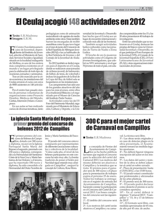 Cultura                                                                                                                                        23      El Efebo
                                                                                                                   Del sábado 12 al viernes 18 de enero de 2013




       El Ceulaj acogió 148 actividades en 2012
                                        pedagógicas como de animación           versidad de Juventud y Desarrollo      des comprendidas entre los 15 y los
   Texto: E.R.Madrona                   sociocultural o de agentes de medio     han hecho que el Ceulaj sea un         20 años presentaron 40 trabajos de
   Imagen: E.R.M.                       ambiente entre otros. Éstas también     lugar de encuentro internacional y     investigación.
                                        fueron las encargadas de recibir        conocido más allá de las fronteras.        Entre las actividades que se rea-
                                        asambleas como la que tuvo lugar            También acogió actividades         lizaron en el Ceulaj, destacan las
       l Centro Eurolatinoameri-        en el mes de junio del Consorcio de     lúdico-culturales como las jorna-      propias del Injuve como la Univer-

E      cano de Juventud, depen-
       diente del Instituto de Juven-
tud, adscrito al Ministerio de Sani-
                                        la Red Española de Albergues Juve-
                                        niles (REAJ) o las ya habituales de
                                        la Red Solidaria de Jóvenes y del
                                                                                das de Tierra de Nadie o Zona
                                                                                Lúdica.
                                                                                    El broche de oro lo pusieron
                                                                                                                       sidad Juventud y Desarrollo, en
                                                                                                                       el que participa el Foro Europeo de
                                                                                                                       la Juventud (YFJ), el Consejo de la
dad, Servicios Sociales e Igualdad,     Consejo de la Juventud de Anda-         actividades como el Congreso de        Juventud Española (CJE), el Foro
situado en la localidad malagueña       lucía.                                  Jóvenes Investigadores, que cele-      Latinoamericano de Juventud
de Mollina, es uno de los centros           En 2012 también se dedicó espa-     bró su XXV aniversario y en el que     (FLAJ) y otras organizaciones inter-
más completos existentes en el          cio para el deporte en el Ceulaj,       70 jóvenes de todo el país, con eda-   nacionales de jóvenes.
mundo y un lugar privilegiado           donde se realizaron unas jornadas
para la celebración de todo tipo de     de ciclismo juvenil, de baloncesto,
reuniones, jornadas y seminarios.       de fútbol, de tenis, de voleyball e
    Tras un año marcado por la cri-     incluso los jugadores de la final de
sis económica, las instalaciones del    la Copa del Rey de fútbol sala se
Ceulaj cerraron el curso con cerca      hospedaron en las instalaciones.
de 8000 asistentes en 148 activida-         Los campamentos han sido uno
des.                                    de los grandes atractivos del año
    Por el centro han pasado cien-      para los más jóvenes, entre ellos
tos de personas voluntarias de          el ya tradicional Bitácora o el orga-
organizaciones como Proyecto            nizado por el Museo de Ciencias
Hombre, Médicos del Mundo,              del Instituto Padre Suárez.
Cáritas, Intermón Oxfam o Green-            Actividades como las del IV
peace.                                  Foro del Patrimonio Mundial, orga-
    En sus aulas se han realizado       nizado por el Ministerio de Educa-
cursos de diversas temáticas, tanto     ción, Cultura y Deporte, o la Uni-



  La iglesia Santa María del Reposo,
   primer premio del concurso de                                                   300 € para el mejor cartel
      belenes 2012 de Campillos                                                    de Carnaval en Campillos
       l primer premio del con-         Jesús y María Santísima del Soco-                                              val. La técnica será libre.

E      curso de belenes de Campi-
       llos, dotado con 300 euros
y diploma, recayó en la Iglesia
                                        rro.
                                           El jurado del concurso estuvo
                                        compuesto por representantes
                                                                                   Texto: E.R.Madrona                  3º.- Las obras serán originales y
                                                                                                                       en caso de detectar plagio en la
                                                                                                                       obra presentada, el Ayunta-
Parroquial Santa María del              de diferentes asociaciones cultura-            a concejalía de Fiestas del     miento tomará las medidas lega-
Reposo; el segundo, premiado con
230 euros y diploma, correspon-
dió a la Hermandad del Santísimo
                                        les y colectivos de la localidad.
                                        "Como cada año, el nivel de los
                                        belenes participantes en este con-
                                                                                L      Ayuntamiento de Campi-
                                                                                       llos ya ha hecho públicas
                                                                                las bases que regirán el concurso
                                                                                                                       les oportunas.
                                                                                                                       4º.- No deberá figurar ninguna
                                                                                                                       inscripción del autor en los mis-
Cristo de la Vera Cruz y María San-     curso ha sido muy alto. La bonita       para la selección del cartel del       mos.
tísima de los Dolores; y el tercero,    tradición de poner el belén por         Carnaval 2013. Los motivos del         5º.- Los datos del autor y nom-
que ha reportado 180 euros y            Navidad sigue estando muy arrai-        mismo deberán ser alusivos a           bre de la obra se deben adjun-
diploma, ha sido concedido a la         gada en Campillos", aseguró la          Campillos y la temática que se         tar al cartel en sobre cerrado.
Hermandad del Dulce Nombre de           concejal de Cultura, Rosa Mora.         trata. El premio para el gana-         6º - Plazo de presentación: hasta
                                                                                dor será de 300 euros y el plazo       el 25/01/2012, a las 15:00 horas.
                                                                                para la presentación de trabajos       7º.- El jurado estará constituido
                                                                                expira el próximo 25 de enero.         por profesionales y aficionados
                                                                                Todos los trabajos se entrega-         de las artes plásticas.
                                                                                rán en el registro de entrada del      8º.- El premio será de 300 euros.
                                                                                Ayuntamiento de Campillos,             9º.- El jurado podrá declarar
                                                                                haciendo constar la participación      como desierto el premio si así lo
                                                                                en el Concurso del Cartel de Car-      considera oportuno.
                                                                                naval 2013. Las bases comple-          10º.- En el cartel deberá ir
                                                                                tas del concurso son las siguien-      impreso: "Carnaval 2013", "Cam-
                                                                                tes:                                   pillos" y "15, 16 y 17 de febrero
                                                                                1º.- El ámbito del concurso será       de 2013".
                                                                                local.                                 11º.- El formato será libre, con
                                                                                2º.- Los motivos del cartel serán      medidas aproximadas de 65 cms.
                                                                                alusivos a Campillos y su carna-       de alto por 45 cms. de ancho.
 