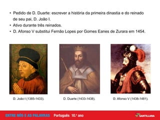 • Pedido de D. Duarte: escrever a história da primeira dinastia e do reinado
de seu pai, D. João I.
• Ativo durante três reinados.
• D. Afonso V substitui Fernão Lopes por Gomes Eanes de Zurara em 1454.
D. Duarte (1433-1438). D. Afonso V (1438-1481).D. João I (1385-1433).
 