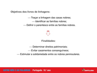 Objetivos dos livros de linhagens:
 Traçar a linhagem das casas nobres;
 Identificar as famílias nobres;
 Definir o parentesco entre as famílias nobres.
Finalidades:
 Determinar direitos patrimoniais;
 Evitar casamentos consanguíneos;
 Estimular a solidariedade entre os nobres peninsulares.
 