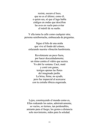 resiste, oscuro el loco,
que no es el último; como él,
o quien sea, sé que el lago habla
códigos en ondas que descifran
las aves en vuelo para evitar
el mástil de su sueño.
Y ella toma la calle como cualquier otra;
persona semiborracha, embaucada de preguntas.
Sigue el hilo de una araña
que vive al fondo del cráneo,
enlazando nuestra vibración hambrienta.
Revoloteaste un poco fuera,
por hacer descuidadamente;
un ritmo contra el vidrio que acerca.
Yo abrí la ventana. Cacé, maté
y comí con ganas,
testigos apenas las flores
del imaginado jardín.
La brisa, firme, no ayudó,
pero fue imparcial al acercarse
con tu extraña tibieza engarzada.
Lejos, construyendo el mundo como es,
Ellos rodeando los autos, admirativamente,
so vacíos, so tiernos, tan perdonables,
amianto para el fuego; los gestos a distancia
solo movimiento, nidos para la soledad.
11
 