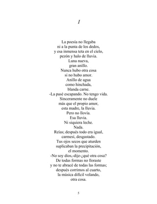I
La poesía no llegaba
ni a la punta de los dedos,
y esa inmensa teta en el cielo,
pezón y halo de lluvia.
Luna nueva,
gran anillo.
Nunca hubo otra cosa
si no hubo amor.
Anillo de agua
como hinchada,
blanda carne.
-La pasé escapando. No tengo vida.
Sinceramente no duele
más que el propio amor,
esta madre, la lluvia.
Pero no llovía.
Esa lluvia.
Ni siquiera leche.
Nada.
Reías; después todo era igual,
carmesí, desgastado.
Tus ojos secos que aturden
suplicaban la precipitación,
el momento.
-No soy dios,-dije-¿qué otra cosa?
De todas formas no lloraste
y no te abracé de todas las formas;
después corrimos al cuarto,
la música difícil volando,
otra cosa.
5
 