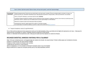 Fase 3. Síntesi. Què hem après? (Què en farem, del que hem après?, sentit de l'aprenentatge)
APLICACIÓ DEL
CONEIXEMENT
Activitat d’avaluació escrita. Escriuen tots una crònica sobre un fet viscut recent i compartit. Pot ser una sortida al teatre, una visita a un museu, una
excursió de tutoria, etc. Demanarem explícitament que hi hagi descripció de persones i narració de fets, a més d’una introducció i una conclusió.
Tenen un full per fer l’esborrany i una hora per escriure el text. ​
Individual​
.
El professor entrega les redaccions revisades. Els errors marcats han de ser reconeguts i corregits per l’alumnat. (No es revisa tot, sinó allò que pot ser
assimilat per l’alumne i sobretot el que s’ha treballat durant el procés d’aprenentatge a la unitat didàctica).
Reescriuen la redacció a partir de les observacions fetes pel professor.
Autoavaluació de l’alumnat i també valoració de la unitat en un formulari de google.
Si cal, perquè algú no ha assolit els objectius, es pot fer un repàs, amb una eina com la ​
base d'orientació​
.
● Tasques d’ampliació, recerca i/o aprofundiment.
Fan un llibre amb les redaccions de les exposicions orals que han estat penjades al blog, que també pot ser digital amb aplicacions com issuu. Cada grup de
quatre alumnes s’encarrega d’un capítol. D’aquesta manera es potencia la revisió textual.
Graven un vídeo/àudio de les exposicions orals. Cada grup de quatre alumnes disposa d’un canal de cròniques.
RECURSOS DIDÀCTICS, ANNEXOS I MATERIAL PER A L’ALUMNAT
Sites i Drive per al treball personal i emmagatzematge del material de consulta i de creació textual. També s’utilitza paper per a anotacions diverses.
Enllaços on consultar lèxic del camp semàntic treballat.
Enllaços on trobar models de cròniques orals i escrites.
Treballs fets per alumnat en cursos anteriors.
Web de l’assignatura, on hi ha recollida la informació necessària sobre el que s’ha treballat.
Blog de redaccions on penjar les cròniques escrites quan ja han estat exposades oralment.
 