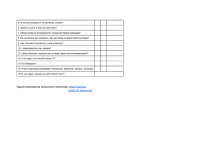 6. Hi ha concordança en l’ús de temps verbals?
6. Apareix un punt al final de cada frase?
7. Utilitza comes en enumeracions i incisos de manera adequada?
8. Els connectors són suficients i útils per indicar la relació entre les frases?
9. Usa marcadors textuals per iniciar subtemes?
10. L’adjectivació és rica i variada?
11. Utilitza sinònims i pronoms per no repetir algun mot innecessàriament?
12. Hi ha algun verb HAVER sense “h”?
13. És interessant?
14. Hi ha la informació necessària? (Introducció, descripció, narració, conclusió)
15.Hi veus algun aspecte que pot millorar? Quin?
Alguns exemples de produccions d’alumnes: ​enllaç d'àudios​.
​enllaç de redaccions​.
 