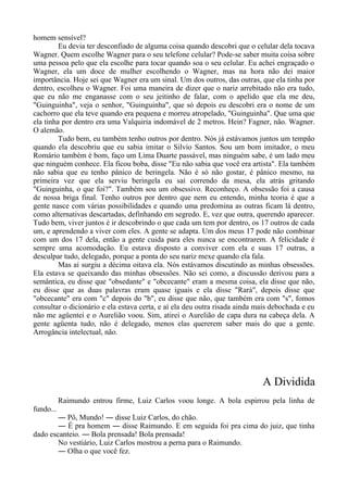 homem sensível?
Eu devia ter desconfiado de alguma coisa quando descobri que o celular dela tocava
Wagner. Quem escolhe Wagner para o seu telefone celular? Pode-se saber muita coisa sobre
uma pessoa pelo que ela escolhe para tocar quando soa o seu celular. Eu achei engraçado o
Wagner, ela um doce de mulher escolhendo o Wagner, mas na hora não dei maior
importância. Hoje sei que Wagner era um sinal. Um dos outros, das outras, que ela tinha por
dentro, escolheu o Wagner. Foi uma maneira de dizer que o nariz arrebitado não era tudo,
que eu não me enganasse com o seu jeitinho de falar, com o apelido que ela me deu,
"Guinguinha", veja o senhor, "Guinguinha", que só depois eu descobri era o nome de um
cachorro que ela teve quando era pequena e morreu atropelado, "Guinguinha". Que uma que
ela tinha por dentro era uma Valquiria indomável de 2 metros. Hein? Fagner, não. Wagner.
O alemão.
Tudo bem, eu também tenho outros por dentro. Nós já estávamos juntos um tempão
quando ela descobriu que eu sabia imitar o Silvio Santos. Sou um bom imitador, o meu
Romário também é bom, faço um Lima Duarte passável, mas ninguém sabe, é um lado meu
que ninguém conhece. Ela ficou boba, disse "Eu não sabia que você era artista". Ela também
não sabia que eu tenho pânico de beringela. Não é só não gostar, é pânico mesmo, na
primeira vez que ela serviu beringela eu saí correndo da mesa, ela atrás gritando
"Guinguinha, o que foi?". Também sou um obsessivo. Reconheço. A obsessão foi a causa
de nossa briga final. Tenho outros por dentro que nem eu entendo, minha teoria é que a
gente nasce com várias possibilidades e quando uma predomina as outras ficam lá dentro,
como alternativas descartadas, definhando em segredo. E, vez que outra, querendo aparecer.
Tudo bem, viver juntos é ir descobrindo o que cada um tem por dentro, os 17 outros de cada
um, e aprendendo a viver com eles. A gente se adapta. Um dos meus 17 pode não combinar
com um dos 17 dela, então a gente cuida para eles nunca se encontrarem. A felicidade é
sempre uma acomodação. Eu estava disposto a conviver com ela e suas 17 outras, a
desculpar tudo, delegado, porque a ponta do seu nariz mexe quando ela fala.
Mas aí surgiu a décima oitava ela. Nós estávamos discutindo as minhas obsessões.
Ela estava se queixando das minhas obsessões. Não sei como, a discussão derivou para a
semântica, eu disse que "obsedante" e "obcecante" eram a mesma coisa, ela disse que não,
eu disse que as duas palavras eram quase iguais e ela disse "Rará", depois disse que
"obcecante" era com "c" depois do "b", eu disse que não, que também era com "s", fomos
consultar o dicionário e ela estava certa, e aí ela deu outra risada ainda mais debochada e eu
não me agüentei e o Aurelião voou. Sim, atirei o Aurelião de capa dura na cabeça dela. A
gente agüenta tudo, não é delegado, menos elas quererem saber mais do que a gente.
Arrogância intelectual, não.
A Dividida
Raimundo entrou firme, Luiz Carlos voou longe. A bola espirrou pela linha de
fundo...
― Pô, Mundo! ― disse Luiz Carlos, do chão.
― É pra homem ― disse Raimundo. E em seguida foi pra cima do juiz, que tinha
dado escanteio. ― Bola prensada! Bola prensada!
No vestiário, Luiz Carlos mostrou a perna para o Raimundo.
― Olha o que você fez.
 