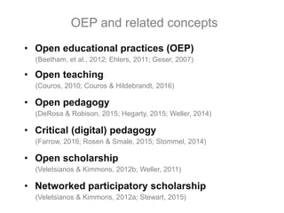 • Open educational practices (OEP)
(Beetham, et al., 2012; Ehlers, 2011; Geser, 2007)
• Open teaching
(Couros, 2010; Couros & Hildebrandt, 2016)
• Open pedagogy
(DeRosa & Robison, 2015; Hegarty, 2015; Weller, 2014)
• Critical (digital) pedagogy
(Farrow, 2016; Rosen & Smale, 2015; Stommel, 2014)
• Open scholarship
(Veletsianos & Kimmons, 2012b; Weller, 2011)
• Networked participatory scholarship
(Veletsianos & Kimmons, 2012a; Stewart, 2015)
OEP and related concepts
 