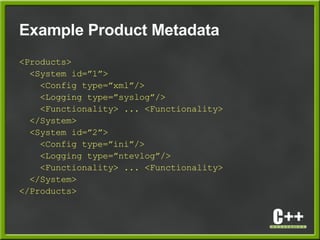 Example Product Metadata
<Products>
<System id=”1”>
<Config type=”xml”/>
<Logging type=”syslog”/>
<Functionality> ... <Functionality>
</System>
<System id=”2”>
<Config type=”ini”/>
<Logging type=”ntevlog”/>
<Functionality> ... <Functionality>
</System>
</Products>
 