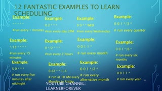 12 FANTASTIC EXAMPLES TO LEARN
SCHEDULING
Example:
0 0 1 1 *
# run every month
8
YOUTUBE CHANNEL:
LEARNERFOREVER
Example:
5 0 * * *
# run every five
minutes after
midnight
Example:
0 0 * * WED
#run every Wednesday
Example:
*/15 * * * *
#run every 15
minutes
Example:
0 */2 * * *
#run every 2 hours
Example:
* * * * *
#run every 1 minutes
Example:
0 2 * * *
#run every day 2PM
Example:
0 0 1 */3 *
# run every quarter
Example:
0 0 1 */6 *
# run every six
months
Example:
0 0 1 1 *
# run every year
Example:
0 22 * * 1-5
# run at 10 AM every
Monday to Friday
Example:
0 0 1 */2 *
# run every
alternative month
 