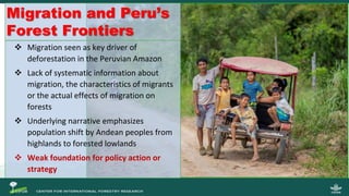 Migration and Peru’s
Forest Frontiers
 Migration seen as key driver of
deforestation in the Peruvian Amazon
 Lack of sys...