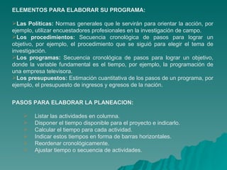 ELEMENTOS PARA ELABORAR SU PROGRAMA: Las Políticas:  Normas generales que le servirán para orientar la acción, por ejemplo, utilizar encuestadores profesionales en la investigación de campo.  Los procedimientos:  Secuencia cronológica de pasos para lograr un objetivo, por ejemplo, el procedimiento que se siguió para elegir el tema de investigación. Los programas:  Secuencia cronológica de pasos para lograr un objetivo, donde la variable fundamental es el tiempo, por ejemplo, la programación de una empresa televisora.  Los presupuestos:  Estimación cuantitativa de los pasos de un programa, por ejemplo, el presupuesto de ingresos y egresos de la nación.  PASOS PARA ELABORAR LA PLANEACION: Listar las actividades en columna.  Disponer el tiempo disponible para el proyecto e indicarlo. Calcular el tiempo para cada actividad. Indicar estos tiempos en forma de barras horizontales. Reordenar cronológicamente.  Ajustar tiempo o secuencia de actividades. 