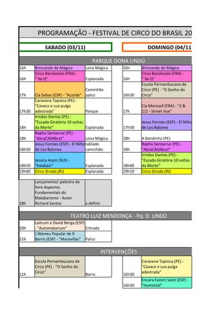 PROGRAMAÇÃO - FESTIVAL DE CIRCO DO BRASIL 2012
             SABADO (03/11)                                     DOMINGO (04/11)

                                       PARQUE DONA LINDÚ
16h     Brincando de Mágica        Lona Mágica       16h     Brincando de Mágica
        Circo Barolosolo (FRA) -                             Circo Barolosolo (FRA) -
16h     "´Ile O"                   Esplanada         16h     "´Ile O"
                                                             Escola Pernambucana de
                                    Caminhão                 Circo (PE) - "O Sonho do
17h   Cía Sebas (ESP) - "Acorde" palco               16h30   Circo"
      Caravana Tapioca (PE) -
      "Cavaco e sua pulga                                    Cia Morosof (FRA) - "2 &
17h30 adestrada"                    Parque           17h     1/2 - Street Vue"
      Irmãos Dantas (PE) -
      "Escada Giratória 10 voltas                            Jesus Fornies (ESP) - El Niño
18h   da Morte"                     Esplanada        17h30   de Los Balones
      Rapha Santacruz (PE) -
18h   "AbraCASAbra!"                Lona Mágica      18h     A Bandinha (PE)
      Jesus Fornies (ESP) - El Niño tablado                  Rapha Santacruz (PE) -
18h30 de Los Balones                caminhão         18h     "AbraCASAbra!"
                                                             Irmãos Dantas (PE) -
      Jessica Arpin (SUI) -                                  "Escada Giratória 10 voltas
18h50 "Kalabazi"                   Esplanada         18h40   da Morte"
19h40 Circo Strada (RJ)            Esplanada         19h10   Circo Strada (RJ)

        Lançamento/ palestra do
        livro Aspectos
        Fundamentais do
        Malabarismo - Autor
18h     Richard Santos             a definir

                              TEATRO LUIZ MENDONÇA - Pq. D. LINDÚ
        Laitrum e David Berga (ESP)
20h     - "Automatarium"            Entrada
        L'Ateneu Popular de 9
21h     Barris (ESP) - "Maravillas" Palco

                                              INTERVENÇÕES
        Escola Pernambucana de                               Caravana Tapioca (PE) -
        Circo (PE) - "O Sonho do                             "Cavaco e sua pulga
        Circo"                                               adestrada"
11h                                Barro             16h30
                                                             Encara Farem Salat (ESP) -
                                                     16h30   "Humortal"
 