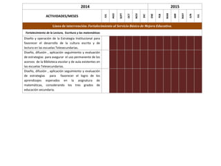 2014 2015
ACTIVIDADES/MESES
JUL
AGO
SEPT
OCT
NOV
DIC
ENE
FEB
MAR
ABR
MAY
JUN
JUL
Línea de intervención: Fortalecimiento al Servicio Básico de Mejora Educativa.
Fortalecimiento de la Lectura, Escritura y las matemáticas
Diseño y operación de la Estrategia Institucional para
favorecer el desarrollo de la cultura escrita y de
lectura en las escuelas Telesecundarias.
Diseño, difusión , aplicación seguimiento y evaluación
de estrategias para asegurar el uso permanente de los
acervos de la Biblioteca escolar y de aula existentes en
las escuelas Telesecundarias.
Diseño, difusión , aplicación seguimiento y evaluación
de estrategias para favorecer el logro de los
aprendizajes esperados en la asignatura de
matemáticas, considerando los tres grados de
educación secundaria.
 
