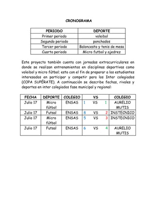 CRONOGRAMA
PERIODO DEPORTE
Primer periodo voleibol
Segundo periodo ponchados
Tercer periodo Baloncesto y tenis de mesa
Cuarto periodo Micro futbol y ajedrez
Este proyecto también cuenta con jornadas extracurriculares en
donde se realizan entrenamientos en disciplinas deportivas como
voleibol y micro fútbol; esto con el fin de preparar a los estudiantes
interesados en participar y competir para los Inter colegiados
(COPA SUPÉRATE). A continuación se describe fechas, rivales y
deportes en inter colegiados fase municipal y regional:
FECHA DEPORTE COLEGIO VS COLEGIO
Julio 17 Micro
fútbol
ENSAS 1 VS 1 AURELIO
MUTIS
Julio 17 Futsal ENSAS 8 VS 2 INSTECNICO
Julio 17 Micro
fútbol
ENSAS 5 VS 3 INSTECNICO
Julio 17 Futsal ENSAS 6 VS 4 AURELIO
MUTIS
 