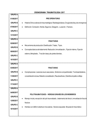 CRONOGRAMA TRAUMATOLOGIA 2017
GRUPO A
01/08/2017
GRUPO B
07/09/2017
GRUPO C
13/10/2017
PRE OPERATORIO
 HistoriaClínicavaloracióntraumatológica.Radiologíabásica,Cirugíaelectivayde emergencia.
 Definición: Contusión, Herida, Esguince ,Desgarro , Luxación , Fractura .
GRUPO A
02/08/2017
GRUPO B
08/09/2017
GRUPO C
16/10/2017
FRACTURAS
 Mecanismosdeproducción,Clasificación,Trazos, Tipos.
 Conceptosbásicosdetratamiento:Reducción,Inmovilización, Fijacióninterna,Fijación
externa ,Artroplastia , Tracciónóseayde partes blandas.
GRUPO A
03/08/2017
GRUPO B
11/09/2017
GRUPO C
17/10/2017
FRACTURAS
 Complicaciones:Lesionesneurovasculares, Síndromecompartimental,Tromboembolismo,
consolidaciónviciosa,Retardoconsolidación,Pseudoartrosis,Distrofiasimpáticorefleja
GRUPO A
04/08/2017
GRUPO B
12/09/2017
GRUPO C
18/10/2017
POLITRAUMATIZADO - HERIDAS GRAVES EN LOS MIEMBROS
 Manejo inicial yrecepción del poli traumatizado , tratamiento del shock ,inmovilización focode
fractura
 Heridas con déficit cobertura miocutanea , fractura expuesta Amputación traumática
 