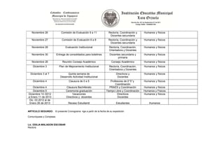 Noviembre 26               Comisión de Evaluación 9 a 11          Rectoría, Coordinación y    Humanos y físicos
                                                                      Docentes secundaria
   Noviembre 27               Comisión de Evaluación 6 a 8           Rectoría, Coordinación y    Humanos y físicos
                                                                      Docentes secundaria
   Noviembre 28                  Evaluación Institucional             Rectoría, Coordinación,    Humanos y físicos
                                                                      Orientadora y Docentes
   Noviembre 30           Entrega de consolidados para boletines      Docentes secundaria y      Humanos y físicos
                                                                            primaria
   Noviembre 26                Reunión Consejo Académico                Consejo Académico        Humanos y físicos
    Diciembre 3             Plan de Mejoramiento Institucional        Rectoría, Coordinación,    Humanos y físicos
                                                                      Orientadora y Docentes
  Diciembre 3 al 7                 Quinta semana de                         Directivos y         Humanos y físicos
                             Desarrollo Actividad Institucional              Docentes
    Diciembre 4                     Clausura de 0 a 5                  Profesores de 0° 5° y     Humanos y físicos
                                                                           Coordinación
    Diciembre 4                   Clausura Bachillerato               PRAES y Coordinación       Humanos y físicos
    Diciembre 5                   Ceremonia graduación             Tiempo Libre y Coordinación   Humanos y Físicos
Diciembre 10 /2012                     Vacaciones                           Directivos           Humanos y físicos
a Enero 11 de 2013                Directivos y docentes                     Docentes
 Dic. 03 2012 al de
 Enero 26 de 2013                   Receso Estudiantil                      Estudiantes              Humanos


ARTICULO SEGUNDO: El presente Cronograma rige a partir de la fecha de su expedición

Comuníquese y Cúmplase.


Lic. ODILIA MALAGON ESCOBAR
Rectora
 