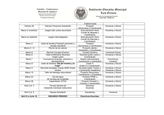 Yolanda Ayala
   Febrero 28            Elección Personero Estudiantil                Proyecto            Humanos y físicos
                                                              Democracia y Coordinación
Marzo a noviembre        Juegos inter cursos secundaria          Área educación física     Humanos y físicos
                                                                 Comité de deportes y
                                                                     Coordinación
Marzo en adelante            Juegos intercolegiados              Área educación física     Humanos y físicos
                                                                 Comité de Deportes y
                                                                     Coordinación
     Marzo 2         Izada de bandera Posesión personero y             Proyecto            Humanos y físicos
                               consejo estudiantil            Democracia y Coordinación
   Marzo 5 – 9                Rincón de los valores                Proyecto valores,       Humanos y físicos
                                                              Orientación y Coordinación
     Marzo 6                Reunión Consejo Directivo              Consejo Directivo       Humanos Físicos
     Marzo 6               Visita la Biblioteca Municipal      Docentes grado cuarto y     Humanos y físicos
                                    Grado cuarto                     Coordinación
     Marzo *            Convivencia Docentes, directivos y      Gestión Administrativa,      Económicos,
                                   administrativos            Coordinación y Orientadora      humanos
     Marzo 8          Izada de bandera “Día del hombre y la            Grado 5°            Humanos y físicos
                                       mujer”                  Grado 6° y Coordinación
     Marzo 9         Recorrido ecológico Granja UNAD Grado     Docentes grado Tercero y    Humanos y físicos
                                        tercero                Coordinación Académica      Humanos y físicos
    Marzo 15              Taller de liderazgo (secundaria)       Proyecto Democracia,      Humanos y físicos
                                                              Coordinación y Orientadora
    Marzo 22                      Día del agua                     Proyecto PRAE y         Humanos y físicos
                            60 minutos por el planeta                Coordinación
    Marzo 28                  Capacitación ICFES                  Proyecto Pensado y       Humanos y físicos
                                                                Creando y Coordinación
   Abril 2 al 4               Tercera semana de                       Directivos           Humanos y físicos
                        Desarrollo Actividad Institucional             Docentes

   Abril 2 al 6                Receso Estudiantil                    Estudiantes               Humanos

Abril 9 a Junio 15           SEGUNDO PERIODO                    Directivos Docentes.
 
