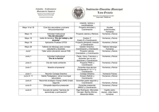 creando, rectora y
                                                                coordinadores
Mayo 14 al 18       Cine foro secundaria y primaria          Proyecto etnicidad y          Ayudas
                         “Afrocolombianidad”                    Coordinación            audiovisuales,
                                                                                          Humanos
  Mayo 15                Actividad Institucional          Proyecto valores y Rectora   Humanos y físicos
                          “Día del educador”
  Mayo 18       Izada de bandera “Día del trabajo y del           Grados 3°            Humanos y físicos
                                docente”                   Grado 8° y Coordinación
  Mayo 18              Aplicación Pruebas ICFES           Proyecto pensando creando    Humanos y físicos
                                                                y Coordinación
  Mayo 28         Talleres de liderazgo para consejo          Gestión Directiva ,      Talleres liderazgo
                         estudiantil y docentes           Coordinación y Orientación       Humanos
   Junio*         Taller sobre educación sexual PAB            Proyecto valores,       Humanos y físicos
                                                          Orientadora y Coordinación
   Junio 1               Actividad Institucional          Paola, Vreny, Francisco y    Humanos y físicos
                          “Día de la familia”                docentes que no son
                                                          directores y Coordinación
   Junio 5             Día del medio ambiente                 Proyecto PRAE y          Humanos y físicos
                                                                Coordinación
   Junio 7               Muestra empresarial                Docentes área técnica      Humanos y físicos
                                                           Estudiantes 6°-10°-11° y
                                                                Coordinación
   Junio 7             Reunión Consejo Directivo              Consejo Directivo        Humanos Físicos
 Junio 8 -11      Salida Pedagógica: cárcel municipal         Amparo Beltrán y         Humanos y físicos
                              secundaria                        Coordinación
   Junio 8      Recorrido ecológico Granja UNAD Grado     Docentes grado segundo y
                               segundo                          Coordinación           Humanos y físicos
   Junio 8          Olimpiada deportiva preescolar           Docentes preescolar       Humanos y físicos
                                                            IMRDZ y Coordinación
   Junio 8          Escuela de padres “barreras de        Olga Rodríguez, Mercedes        Capilla cedro,
                      aprendizaje y participación”         Carvajal, Martha Alfonso,   equipo, video beam,
                                                              Alexandra Millán,             humanos
 