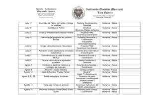 Julio 12       Asamblea de Padres de Familia- Entrega         Rectoría, Coordinación y     Humanos y físicos
                               de boletines                               Docentes
    Julio 16               Asamblea de Padres                             Directivos           Humanos y físicos
                                                                 Docentes, Padres de familia
    Julio 25       Ornato y embellecimiento Básica Primaria            Proyecto PRAE           Humanos y físicos
                                                                  Docentes y Coordinación
    Julio 25         Evaluación del programa del gobierno          Proyecto Democracia y       Humanos y físicos
                                    Escolar                             Coordinación
                                                                         Estudiantes
                                                                    Comunidad educativa
    Julio 26         Ornato y embellecimiento Secundaria               Proyecto PRAE           Humanos y físicos
                                                                  Docentes y Coordinación
    Julio 26       Aplicación prueba clasificatoria olimpiadas   Docentes área matemáticas     Humanos y físicos
                                  matemáticas                          y Coordinación
    Julio 27          Convivencia con la mesa de trabajo            Orientación Escolar y      Humanos y físicos
                                    PESCC                               Coordinación
    Julio 27          Tercera convocatoria de egresados             Gestión Académica y        Humanos y físicos
                                   orjuelistas                            Directivos
   Agosto 1             Conferencia aspectos históricos y         Docentes área Sociales y     Humanos y físicos
                            culturales del municipio                    Coordinación
   Agosto 8                Reunión Consejo Directivo                  Consejo Directivo        Humanos Físicos
   Agosto 10          Izada de Bandera “Fiestas Patrias”.                 Grado 2°             Humanos y físicos
                                                                  Grado 7° y Coordinación
Agosto 8, 9 y 10         Salida pedagógica: Ancianato                Directores de grado       Humanos y físicos
                                                                 Secundaria coordinadores
                                                                     proyecto valores y
                                                                         Orientación
   Agosto 13            Visita para manejo de archivos           Docentes e instructores del   Humanos y físicos
                                                                    SENA y Coordinación
   Agosto 15       Recorrido ecológico Granja UNAD Grado          Docentes grado cuarto y      Humanos y físicos
                                    cuarto                              Coordinación           Humanos y físicos
 