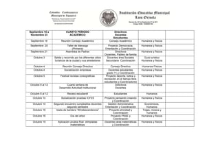 Septiembre 10 a             CUARTO PERIODO                               Directivos
 Noviembre 23                 ACADÉMICO                                  Docentes
                                                                        Estudiantes
 Septiembre 18          Reunión Consejo Académico                    Consejo Académico            Humanos y físicos
Septiembre 20                Taller de liderazgo                    Proyecto Democracia,          Humanos y físicos
                                  (Primaria)                     Orientación y Coordinación
 Septiembre 21              Asamblea de Padres                           Directivos               Humanos y físicos
                                                                 Docentes, Padres de familia
   Octubre 3      Salida y recorrido por los diferentes sitios     Docentes área Sociales           Guía turístico
                  turísticos de la ciudad y sus alrededores       Secundaria Coordinación         Humanos y físicos

   Octubre 4             Reunión Consejo Directivo                     Consejo Directivo          Humanos Físicos
   Octubre 4              Socialización empresas                     Docentes estudiantes         Humanos y físicos
                                                                    grado 11 y Coordinación
   Octubre 5           Festival revistas coreográficas             Proyecto deporte, lúdica y     Humanos y físicos
                                                                 recreación en el tiempo libre,
                                                                 estudiantes y Coordinadores
Octubre 8 al 12             Cuarta semana de                               Directivos             Humanos y físicos
                      Desarrollo Actividad Institucional                   Docentes

Octubre 8 al 12               Receso estudiantil                         Estudiantes                  Humanos
  Octubre 10            Socialización pruebas ICFES              Proyecto pensando creando        Humanos y físicos
                                                                       y Coordinación
  Octubre 10      Segundo encuentro cumpleaños docentes            Gestión Administrativa           Económicos,
                             segundo semestre                    Orientación y Coordinación           Humanos
  Octubre 16        Izada de bandera “Afrodescendencia”             Proyecto etnicidad y           Trajes, música y
                                                                        Coordinación                  humanos
  Octubre 16                     Día del árbol                        Proyecto PRAE y             Humanos y físicos
                                                                        Coordinación
  Octubre 19         Aplicación prueba final olimpiadas          Docentes área matemáticas        Humanos y físicos
                                matemáticas                            y Coordinación
 