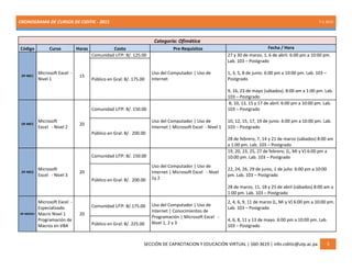 CRONOGRAMA DE CURSOS DE CIDITIC - 2015 7-1-2015
SECCIÓN DE CAPACITACION Y EDUCACIÓN VIRTUAL | 560-3619 | info.ciditic@utp.ac.pa 3
Categoría: Ofimática
Código Curso Horas Costo Pre-Requisitos Fecha / Hora
OF-ME1
Microsoft Excel -
Nivel 1
15
Comunidad UTP: B/. 125.00
Uso del Computador | Uso de
Internet
27 y 30 de marzo, 1, 6 de abril. 6:00 pm a 10:00 pm.
Lab. 103 – Postgrado
1, 3, 5, 8 de junio. 6:00 pm a 10:00 pm. Lab. 103 –
Postgrado
9, 16, 23 de mayo (sábados). 8:00 am a 1:00 pm. Lab.
103 – Postgrado
Público en Gral: B/. 175.00
OF-ME2
Microsoft
Excel - Nivel 2
20
Comunidad UTP: B/. 150.00
Uso del Computador | Uso de
Internet | Microsoft Excel - Nivel 1
8, 10, 13, 15 y 17 de abril. 6:00 pm a 10:00 pm. Lab.
103 – Postgrado
10, 12, 15, 17, 19 de junio. 6:00 pm a 10:00 pm. Lab.
103 – Postgrado
28 de febrero, 7, 14 y 21 de marzo (sábados) 8:00 am
a 1:00 pm. Lab. 103 – Postgrado
Público en Gral: B/. 200.00
OF-ME3
Microsoft
Excel - Nivel 3
20
Comunidad UTP: B/. 150.00
Uso del Computador | Uso de
Internet | Microsoft Excel - Nivel
1y 2
19, 20, 23, 25, 27 de febrero, (L, Mi y V) 6:00 pm a
10:00 pm. Lab. 103 – Postgrado
22, 24, 26, 29 de junio, 1 de julio. 6:00 pm a 10:00
pm. Lab. 103 – Postgrado
28 de marzo, 11, 18 y 25 de abril (sábados) 8:00 am a
1:00 pm. Lab. 103 – Postgrado
Público en Gral: B/. 200.00
OF-MEEM1
Microsoft Excel -
Especializado
Macro Nivel 1
Programación de
Macros en VBA
20
Comunidad UTP: B/.175.00 Uso del Computador | Uso de
Internet | Conocimientos de
Programación | Microsoft Excel -
Nivel 1, 2 y 3
2, 4, 6, 9, 11 de marzo (L, Mi y V) 6:00 pm a 10:00 pm.
Lab. 103 – Postgrado
4, 6, 8, 11 y 13 de mayo. 6:00 pm a 10:00 pm. Lab.
103 – PostgradoPúblico en Gral: B/. 225.00
 