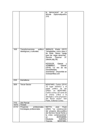 la democracia” en Le
Monde DiplomatiqueNro
218.
16/9 Transformaciones político-
ideológicas y culturales.
ANSALDI, Waldo (2017)
“Arregladitas como para ir
de boda. Nuevo ropaje
para las viejas derechas”.
Revista Theomai 37.
(desde pág 38)
KESSLER, Gabriel y
VOMMARO, Gabriel.
(2018) “La era de las
sensibilidades
autoritarias”. Disponible en
revistaanfibia.com
23/9 Intertalleres
30/9 Tercer Sector MONTAÑO, Carlos (2014)
“El lugar histórico y el
papel político de las
ONGs” en MONTAÑO,
Carlos (comp.) El canto de
la sirena; crítica a la
ideología y a los proyectos
del "tercer sector". San
Pablo, Editorial Cortez.
7/10 2do Parcial
14/10 Feriado
21/10 Proyectos profesionales.
Estrategias profesionales
NETTO, José Paulo
(2003) “La construcción
del proyecto ético-político
del Servicio Social frente a
la crisis contemporánea”
en BORGIANNI,
Elisabete; GUERRA,
Yolanda; MONTAÑO,
 