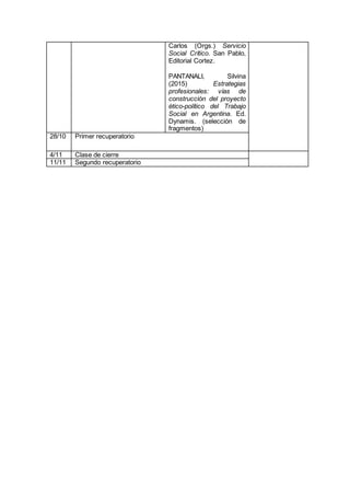 Carlos (Orgs.) Servicio
Social Crítico. San Pablo,
Editorial Cortez.
PANTANALI, Silvina
(2015) Estrategias
profesionales: vías de
construcción del proyecto
ético-político del Trabajo
Social en Argentina. Ed.
Dynamis. (selección de
fragmentos)
28/10 Primer recuperatorio
4/11 Clase de cierre
11/11 Segundo recuperatorio
 