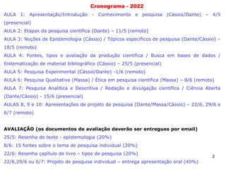 2
Cronograma - 2022
AULA 1: Apresentação/Introdução - Conhecimento e pesquisa (Cássio/Dante) – 4/5
(presencial)
AULA 2: Etapas da pesquisa científica (Dante) – 11/5 (remoto)
AULA 3: Noções de Epistemologia (Cássio) / Tópicos específicos de pesquisa (Dante/Cássio) –
18/5 (remoto)
AULA 4: Fontes, tipos e avaliação da produção científica / Busca em bases de dados /
Sistematização de material bibliográfico (Cássio) – 25/5 (presencial)
AULA 5: Pesquisa Experimental (Cássio/Dante) -1/6 (remoto)
AULA 6: Pesquisa Qualitativa (Massa) / Ética em pesquisa científica (Massa) – 8/6 (remoto)
AULA 7: Pesquisa Analítica e Descritiva / Redação e divulgação científica / Ciência Aberta
(Dante/Cássio) - 15/6 (presencial)
AULAS 8, 9 e 10: Apresentações de projeto de pesquisa (Dante/Massa/Cássio) – 22/6, 29/6 e
6/7 (remoto)
AVALIAÇÃO (os documentos de avaliação deverão ser entregues por email)
25/5: Resenha de texto - epistemologia (20%)
8/6: 15 fontes sobre o tema de pesquisa individual (20%)
22/6: Resenha capítulo de livro – tipos de pesquisa (20%)
22/6,29/6 ou 6/7: Projeto de pesquisa individual – entrega apresentação oral (40%)
 