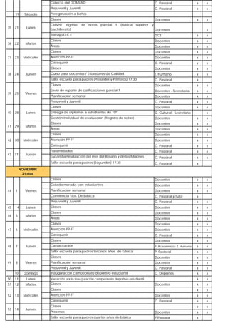 Colecta del DOMUND

Sábado

x

x

Prejuvenil y Juvenil
19

C. Pastoral
C. Pastoral

x

x

Docentes

x

x

Peregrinación a Baños
Clases

35

21

Lunes

Clases/ Ingreso
bachillerato)

de

notas

parcial

1

(básica

superior

y
Docentes

x

Trabajo D.C.E

T. Humano

x

x

C. Pastoral

x

Docentes

x

x

Envío de reporte de calificaciones parcial 1.

Docentes - Secretaria

x

x

Planificación semanal

Docentes

x

x

C. Pastoral

x

x

Docentes

x

x

Entrega de diplomas a estudiantes de 10ª

C. Cultural - Secretaria
Docentes

x

x

Docentes

x

x

Áreas

Docentes

x

x

Docentes

x

x

Atención PP-FF

Docentes

x

x

C. Pastoral

x

x

C. Pastoral

x

x

Eucaristía Finalización del mes del Rosario y de las Misiones

C. Pastoral

x

x

C. Pastoral

x

Docentes

x

x

Docentes

x

x

Planificación semanal

Docentes

x

x

Conviencia 5tos. De básica

C. Pastoral y Tutor

x

Prejuvenil y Juvenil

C. Pastoral

x

x

Clases

Docentes

x

x

Clases

Docentes

x

x

Áreas

Docentes

x

x

Clases

Docentes

x

x

Atención PP-FF

Docentes

x

x

Catequesis

C. Pastoral

x

x

Clases

Docentes

x

x

Capacitación

P. Académico - T. Humana

x

x

Taller escuela para padres terceros años de básica

P. Pastoral

x

x

Clases

Docentes

x

x

Planificación semanal

Docentes

x

x

Prejuvenil y Juvenil

Jueves

x

Colada morada con estudiantes

31

x

Clases

Miércoles

Docentes

Curso para docentes / Estándares de Calidad

Taller escuela para padres (Segundos) 17:30

30

x

Fraternidades
43

Martes

x

x

Catequesis

42

29

x

C. Pastoral

Clases

41

Lunes

Docentes

Clases

28

x

Gestión Individual de evaluación (Registro de notas)

40

Viernes

x

Clases

25

Docentes

Atención PP-FF

Prejuvenil y Juvenil

39

Jueves

x

Clases

24

x

x

Taller escuela para padres (Prekinder y Primeros) 17:30

38

Miércoles

x

Docentes

Clases

23

Docentes

Áreas

Catequesis

37

Martes

x

Clases

22

x

Clases
36

DCE

C. Pastoral

x

x

Inauguración campeonato deportivo estudiantil

C. Deportes

x

x

x

x

x

x

x

x

x

NOVIEMBRE
21 días

44

45
46

47

48

49

1

4
5

6

7

Viernes

Lunes
Martes

Miércoles

Jueves

51

Viernes

10
50

8

Domingo

11

Lunes

Vacación por la inauguración campeonato deportivo estudiantil

Martes

Clases

12

Docentes

Clases
13

Miércoles

Atención PP-FF

Docentes

x

x

Catequesis

52

C. Pastoral

x

x

x

x
x

Clases
53

14

Jueves

Procesos

Docentes

x

Taller escuela para padres cuartos años de básica

P.Pastoral

x

 